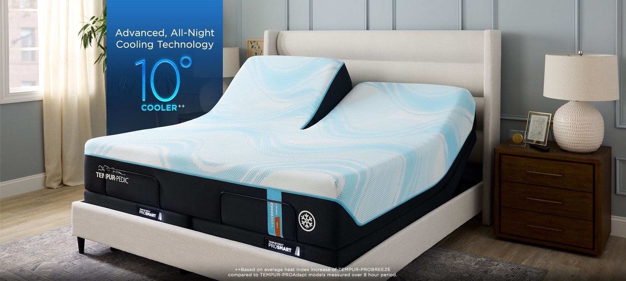 Tempur LuxeBreeze mattress on an Ergo ProSmart base with a blue badge that says Advanced, All-night cooling technology 10 degrees cooler.