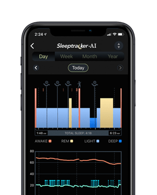 Sleep insights shown in the Sleeptracker app featuring total time awake and asleep throughout the night.